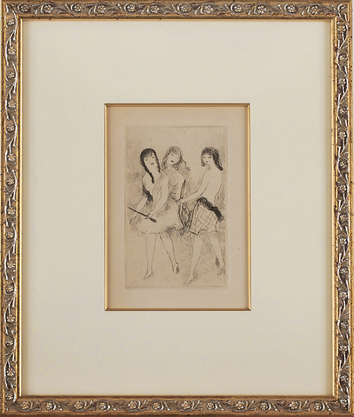 【HOT通販】＊真作保証＊　マリー・ローランサン 「弓で遊ぶ三人の乙女」 『牧場の十人の娘』より　エッチング　1926年　オリジナル 銅版画、エッチング