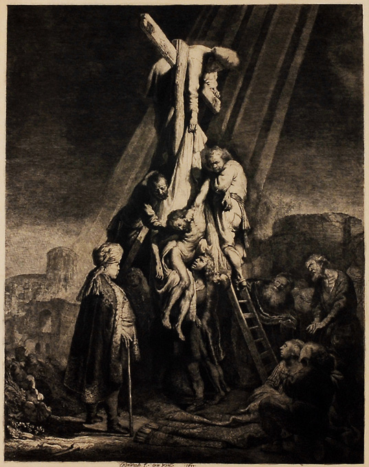 睡眠時間！ 希少！ 19世紀古版画　レンブラント 「十字架降下」 銅版画　1879年　レオポルド・フラマン版 銅版画、エッチング